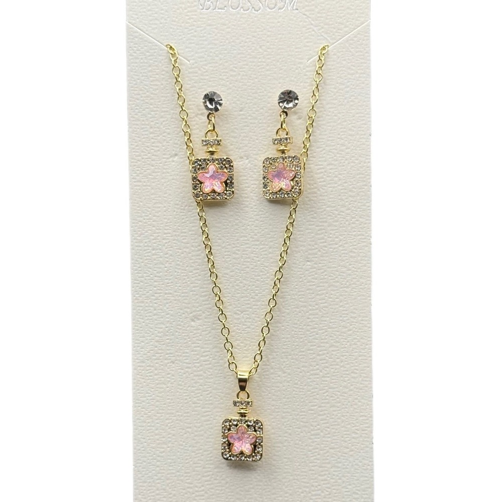 Blossom Womens Gold Tone Pink Flower Necklace and Earrings Set